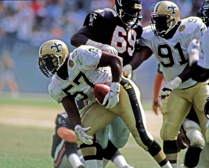 Sep 29, 1991; Atlanta, GA, USA; FILE PHOTO; New Orleans Saints linebacker (57) Rickey Jackson recovers a fumble against the Atlanta Falcons. Mandatory Credit: Manny Rubio-USA TODAY Sports